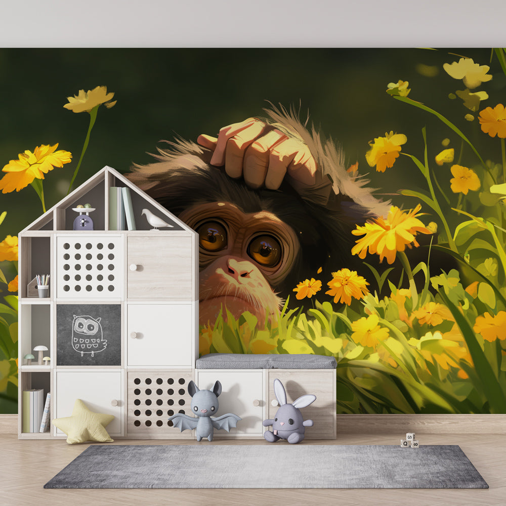Animal garden mural wallpaper with golden flowers in modern kids bedroom by Kids-Mundo