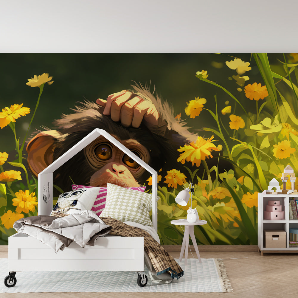 Nature-themed monkey wallpaper transforming children's playroom with botanical design