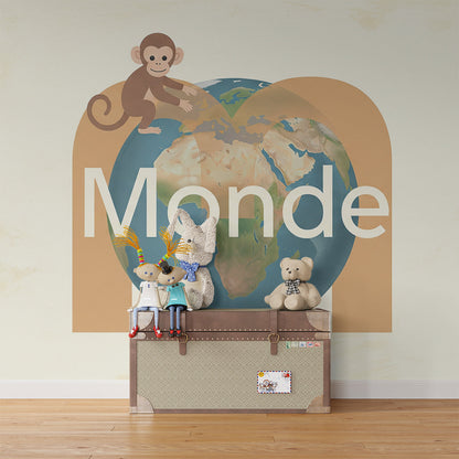 Kids-Mundo playful monkey world map mural covering a kids bedroom wall
