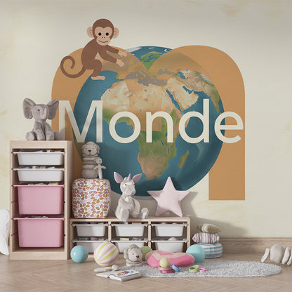 Kids-Mundo monkey and globe wallpaper adding fun to a children's playroom