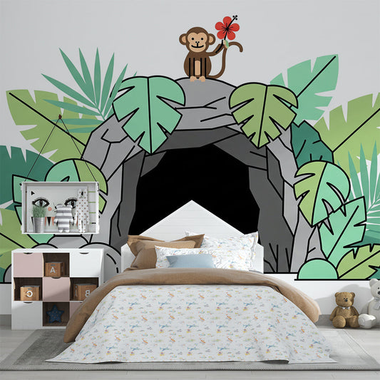 Kids-Mundo monkey and jungle cave wall mural in an adventure-themed kids bedroom