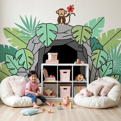 Kids-Mundo jungle cave monkey wall mural styled in a bright, green-themed nursery