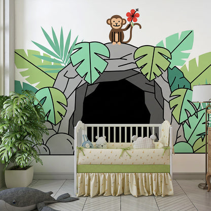 Kids-Mundo bold jungle monkey wall mural brightening a lively playroom wall
