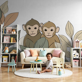 Monkey jungle mural wallpaper in modern nursery with natural wood crib by Kids-Mundo