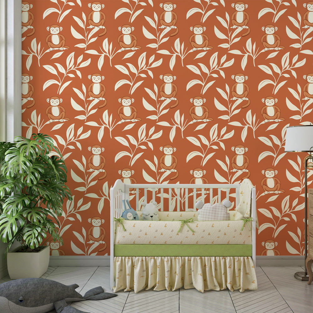 Monkey themed mural wallpaper transforming children's playroom into jungle adventure space