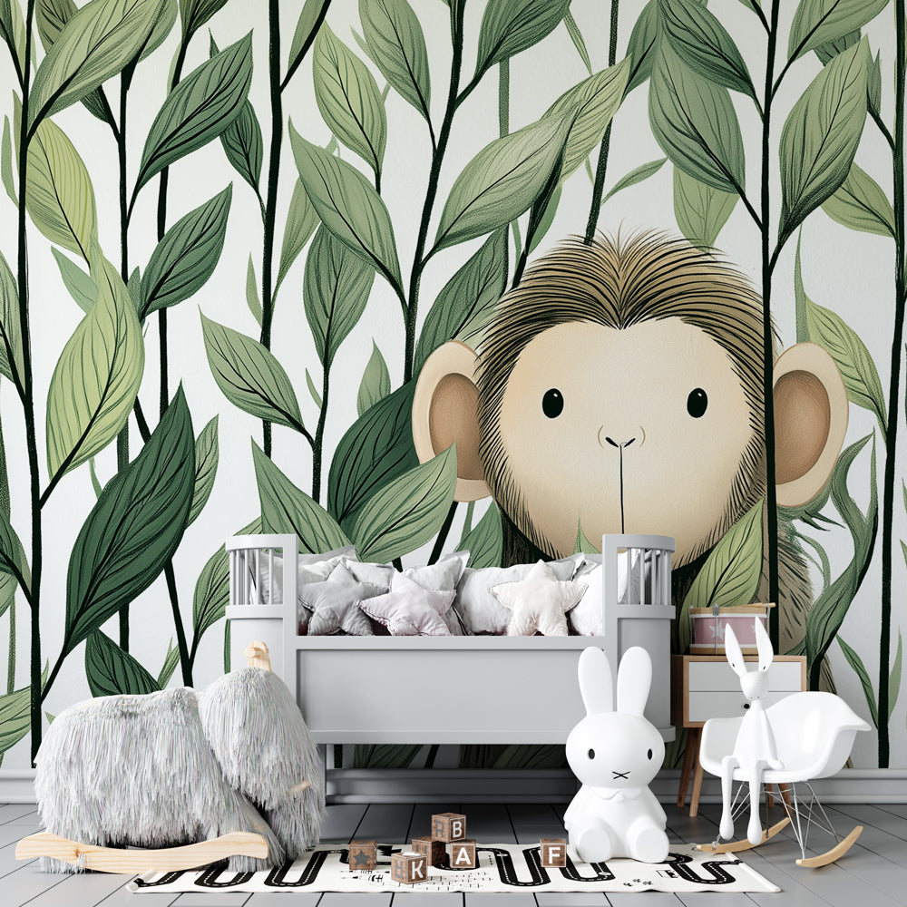Jungle animal wallpaper with monkey and foliage transforming children's bedroom into nature sanctuary
