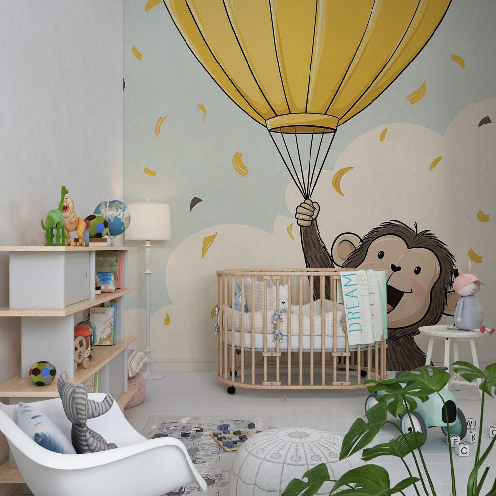 Joyful monkey sky wallpaper creating playful atmosphere in children's bedroom