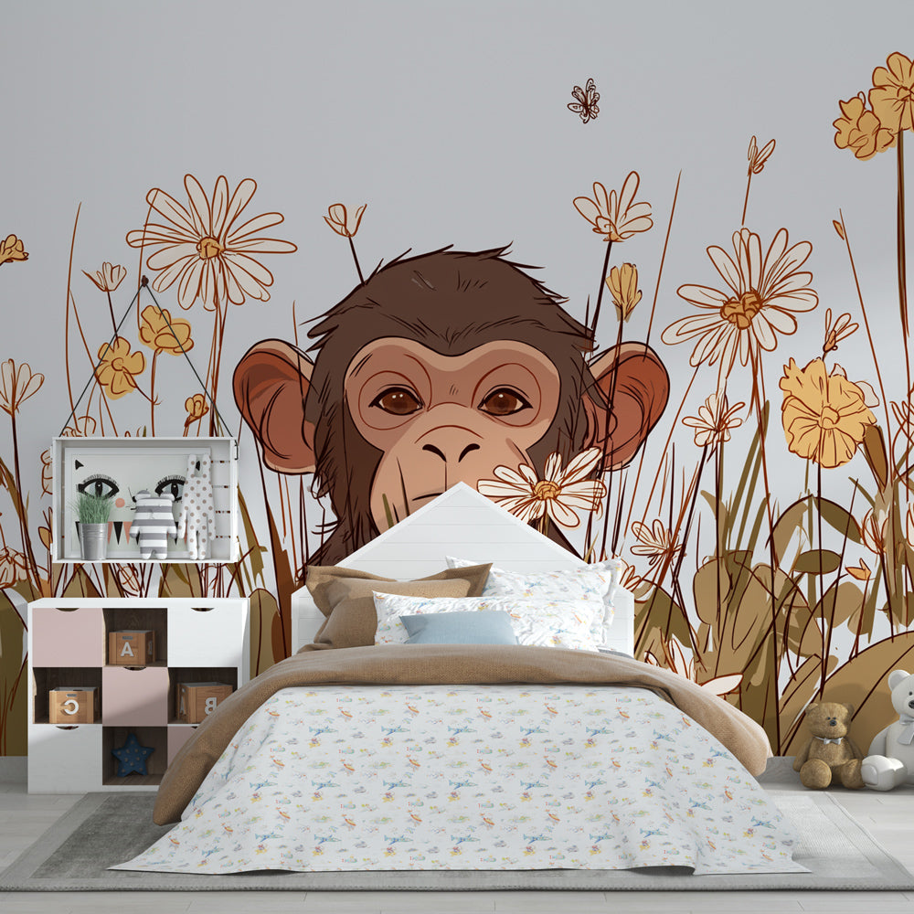Floral monkey wallpaper creating magical atmosphere in children's bedroom with natural tones