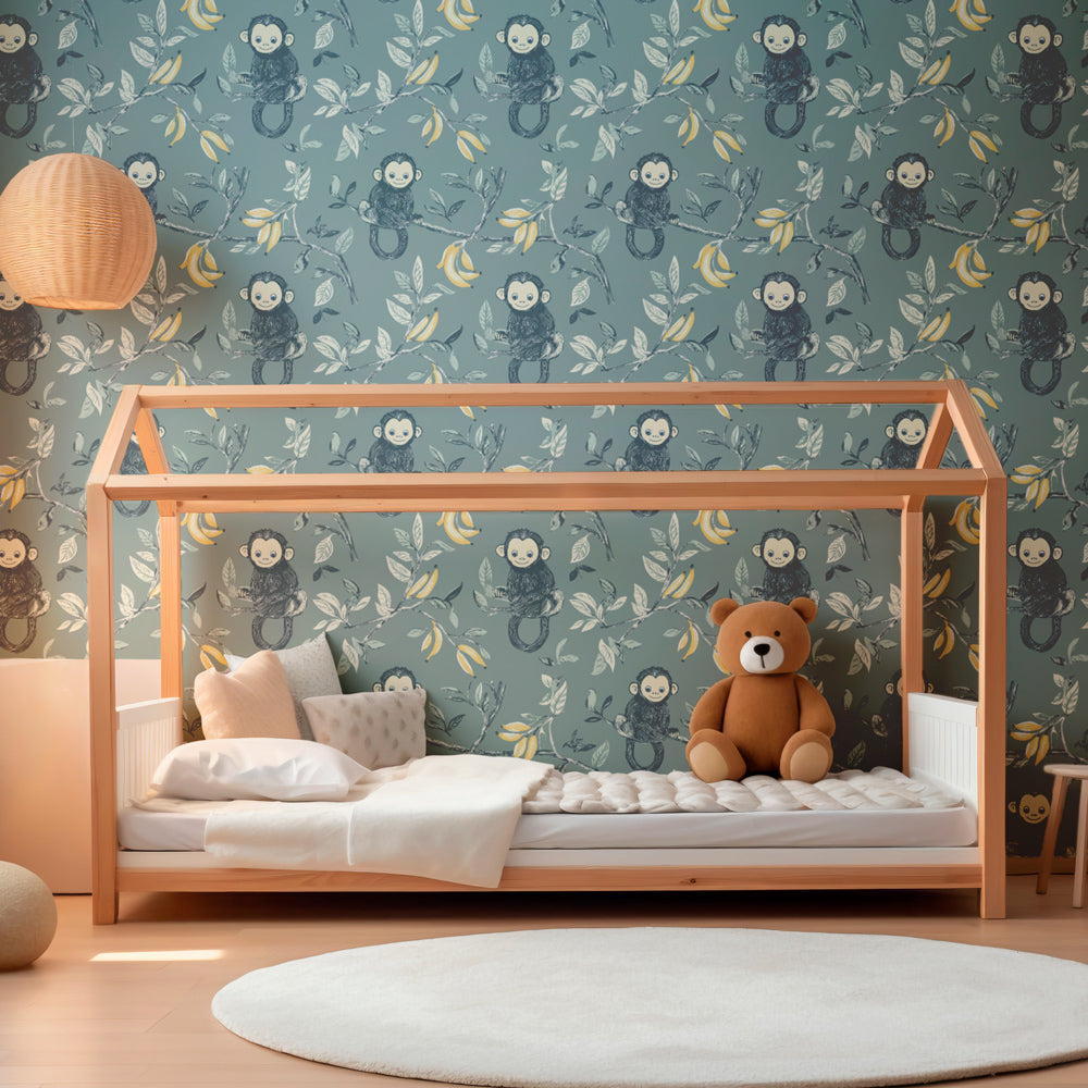 Playful monkey wallpaper with pastel colors decorating modern children's room