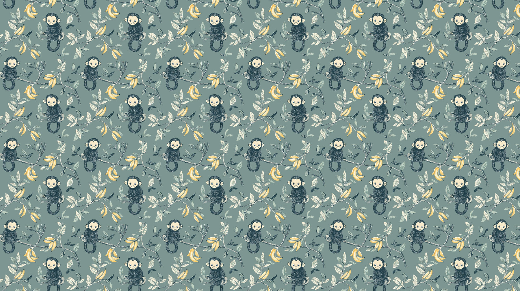 Detailed monkey jungle mural wallpaper design pattern with bananas and foliage by Kids-Mundo