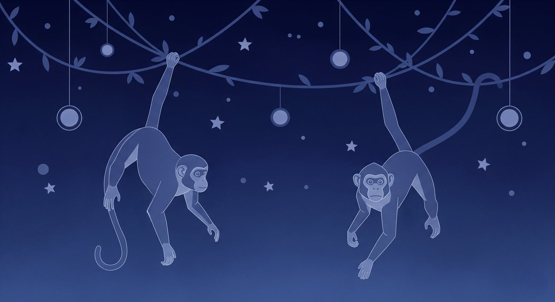 Detailed monkey mural wallpaper design pattern showing playful primates under starry night by Kids-Mundo