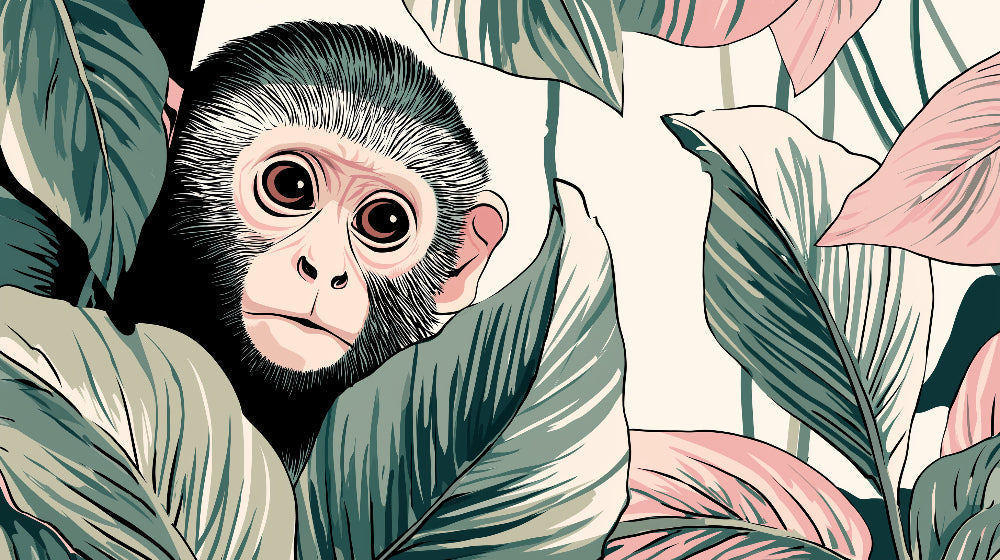 Detailed curious monkey mural wallpaper design pattern with tropical foliage by Kids-Mundo