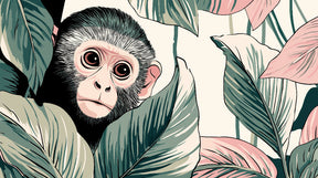 Detailed curious monkey mural wallpaper design pattern with tropical foliage by Kids-Mundo