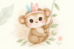 Detailed monkey mural wallpaper design pattern with flowers and feathers by Kids-Mundo