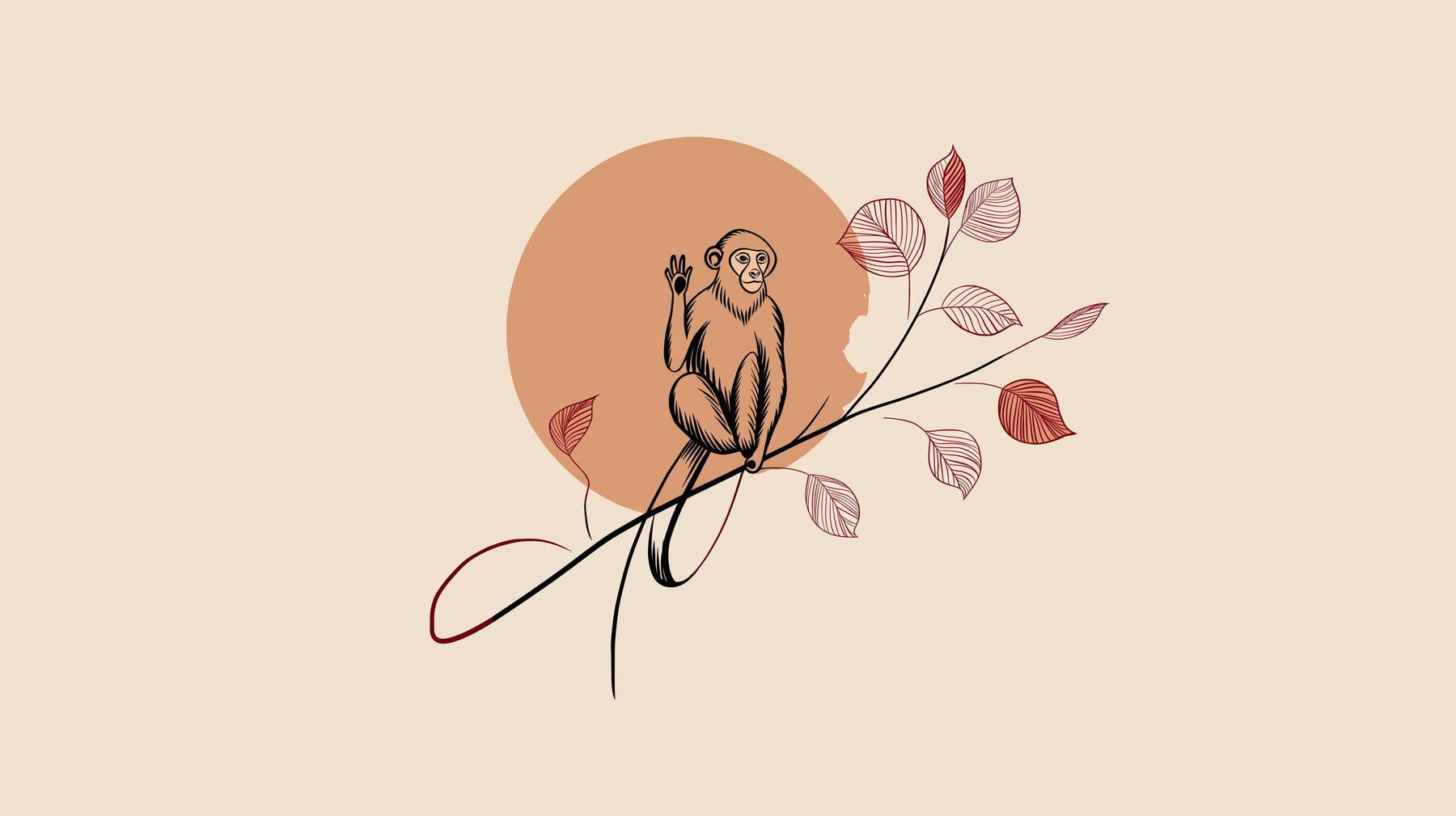 Detailed monkey on branch mural wallpaper design pattern with pink leaves by Kids-Mundo