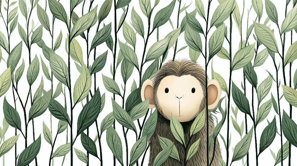 Detailed monkey and foliage mural wallpaper design pattern with botanical illustrations by Kids-Mundo