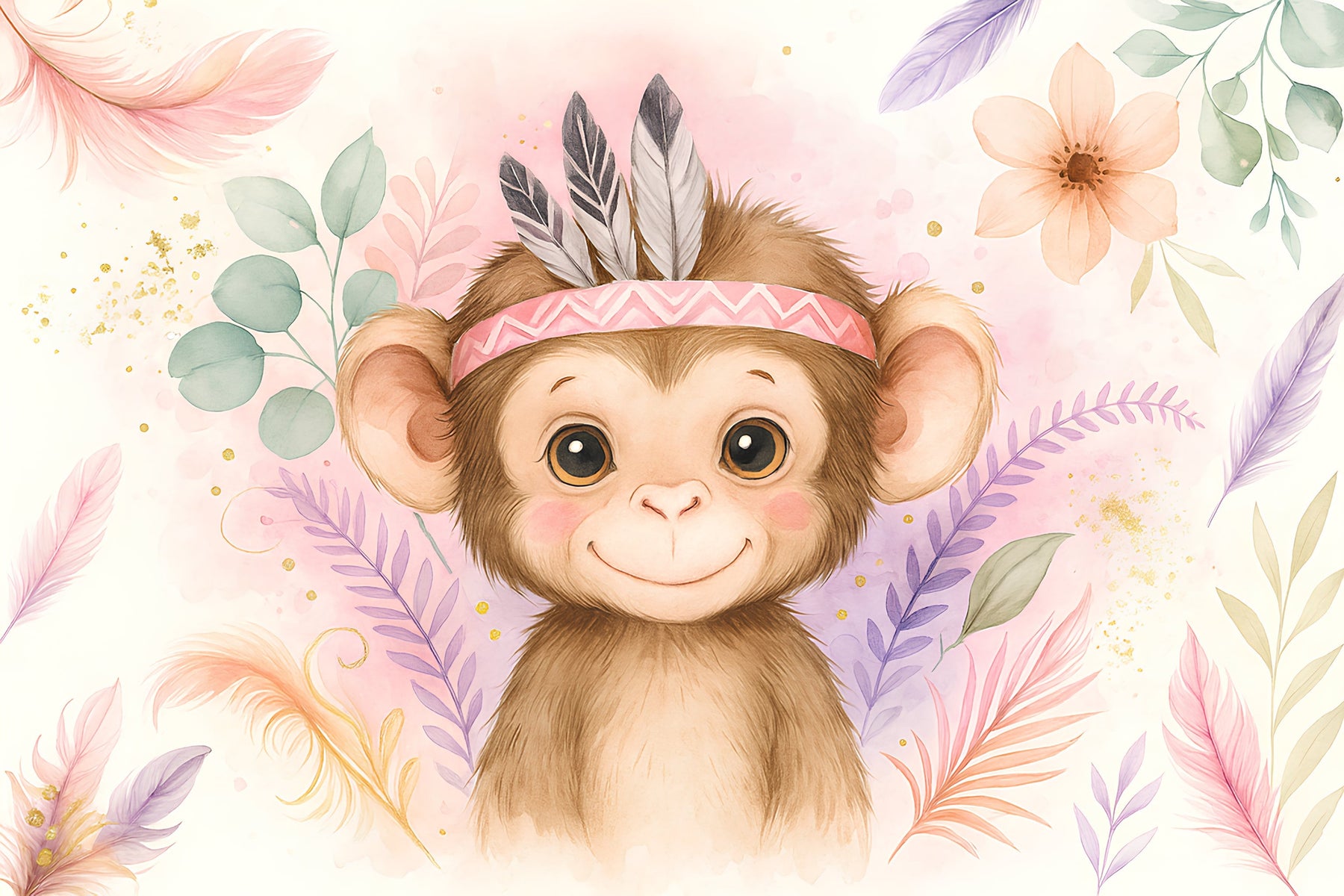 Detailed monkey with feathered headband mural wallpaper design pattern by Kids-Mundo