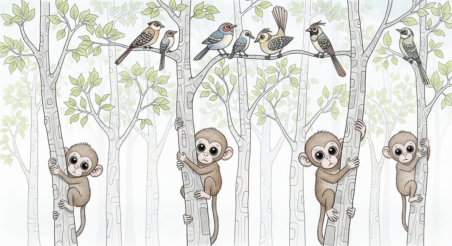 Detailed monkey mural wallpaper design pattern with primates and colorful birds by Kids-Mundo