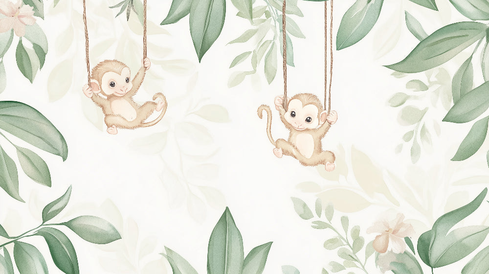 Detailed monkey and tropical foliage mural wallpaper design pattern by Kids-Mundo