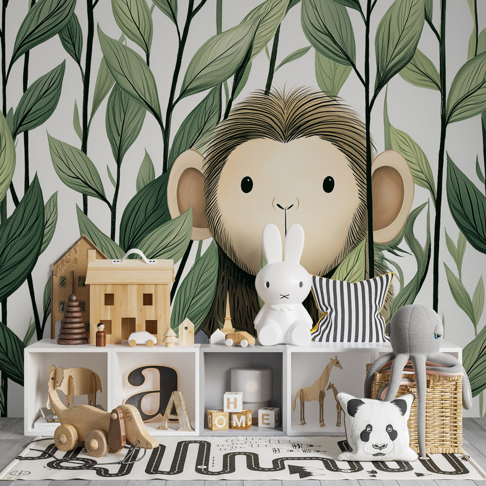 Monkey jungle mural wallpaper with lush green leaves creating calming kids room atmosphere