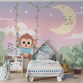 Easy install monkey swing mural wallpaper with smiling moon for baby room by Kids-Mundo