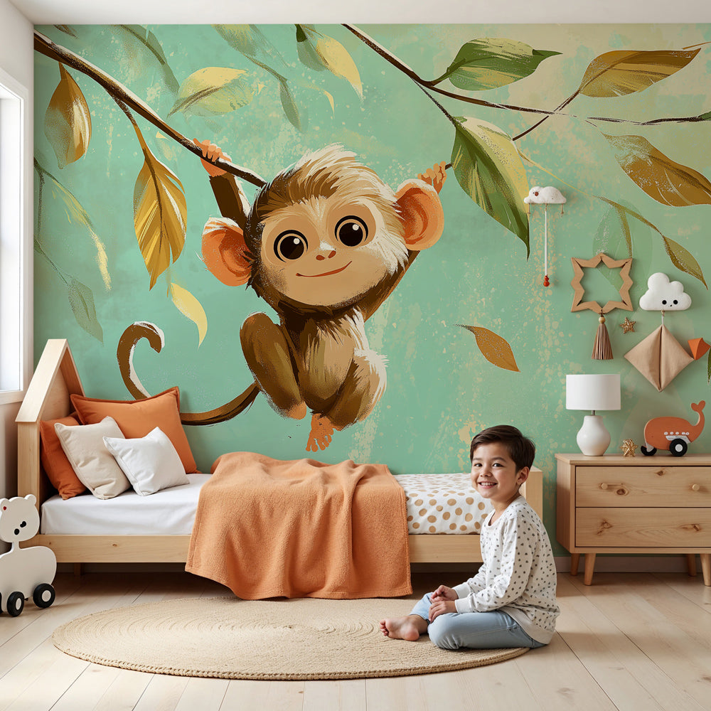 Playful monkey mural wallpaper creating jungle-themed nursery decor by Kids-Mundo