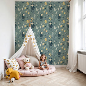 Monkey mural wallpaper in bright nursery with natural wood furniture by Kids-Mundo