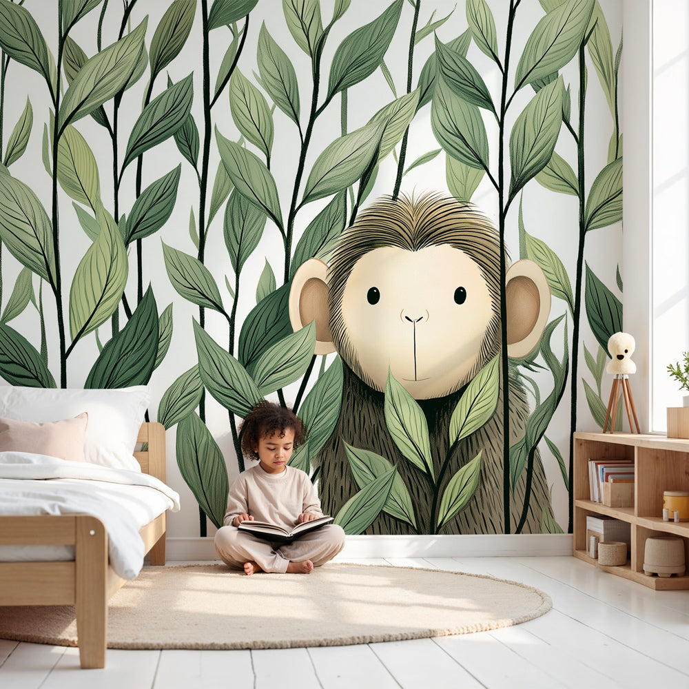 Curious monkey mural wallpaper creating enchanting jungle theme in modern kids nursery by Kids-Mundo
