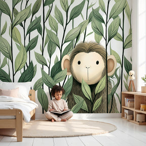 Curious monkey mural wallpaper creating enchanting jungle theme in modern kids nursery by Kids-Mundo