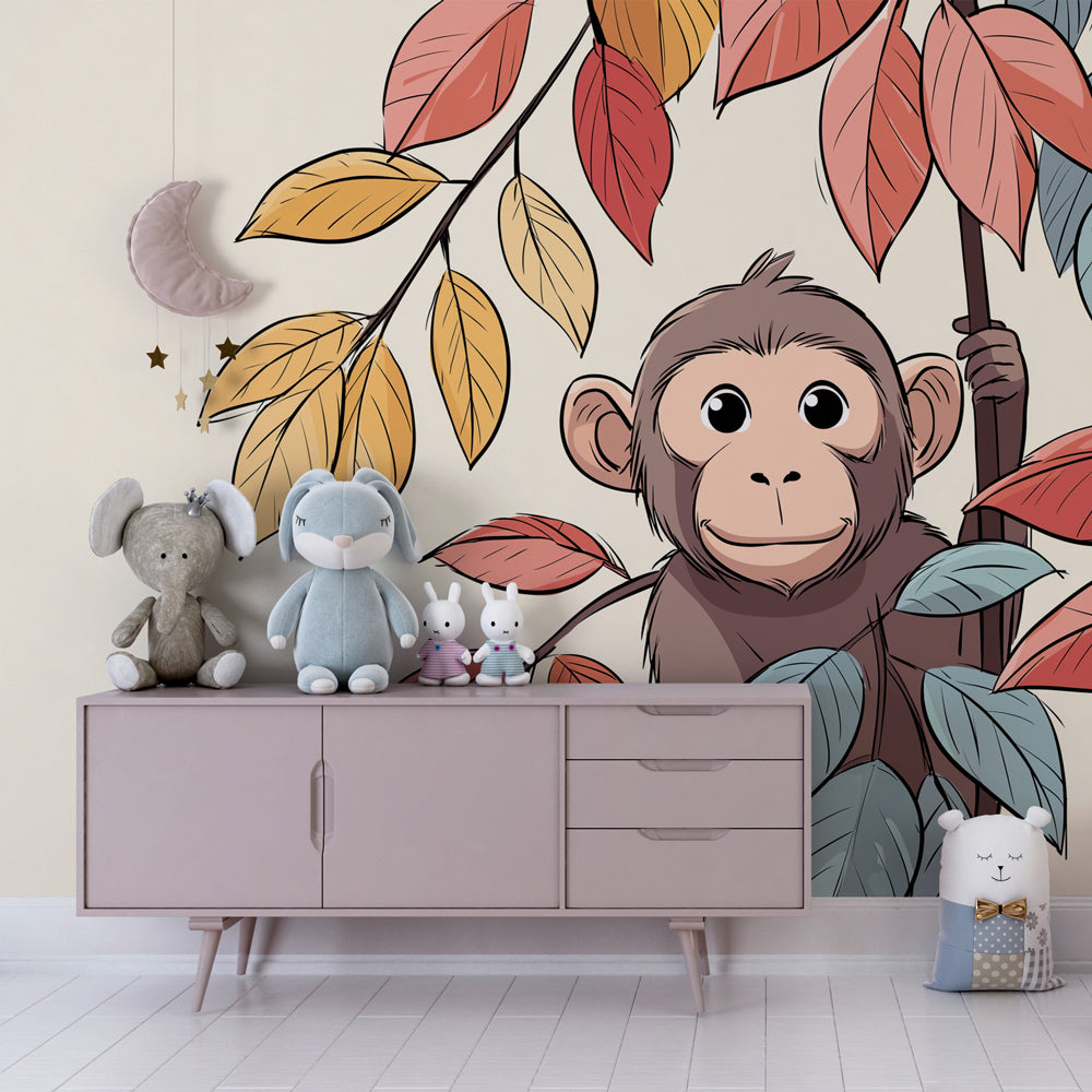 Colorful monkey wallpaper with autumn foliage for children's room by Kids-Mundo