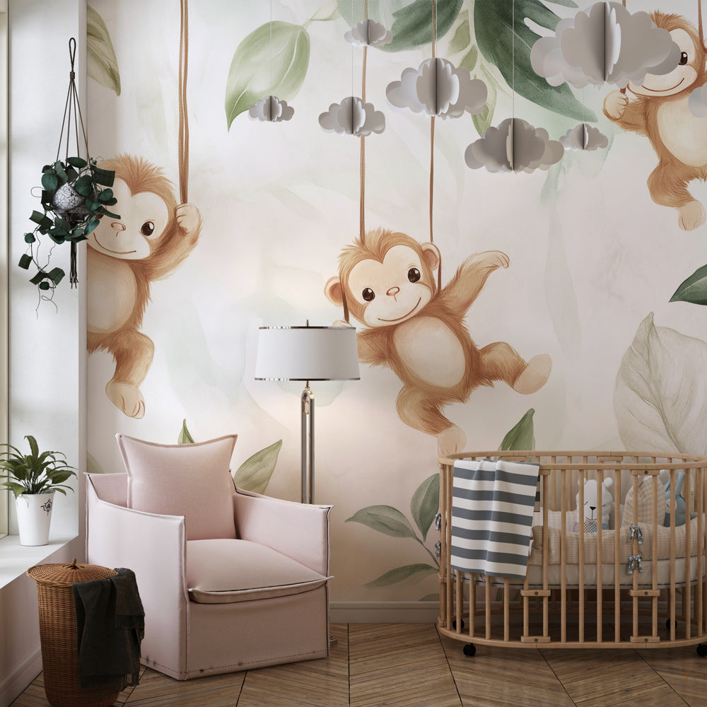 Tropical monkey mural wallpaper transforming children's bedroom into jungle adventure space