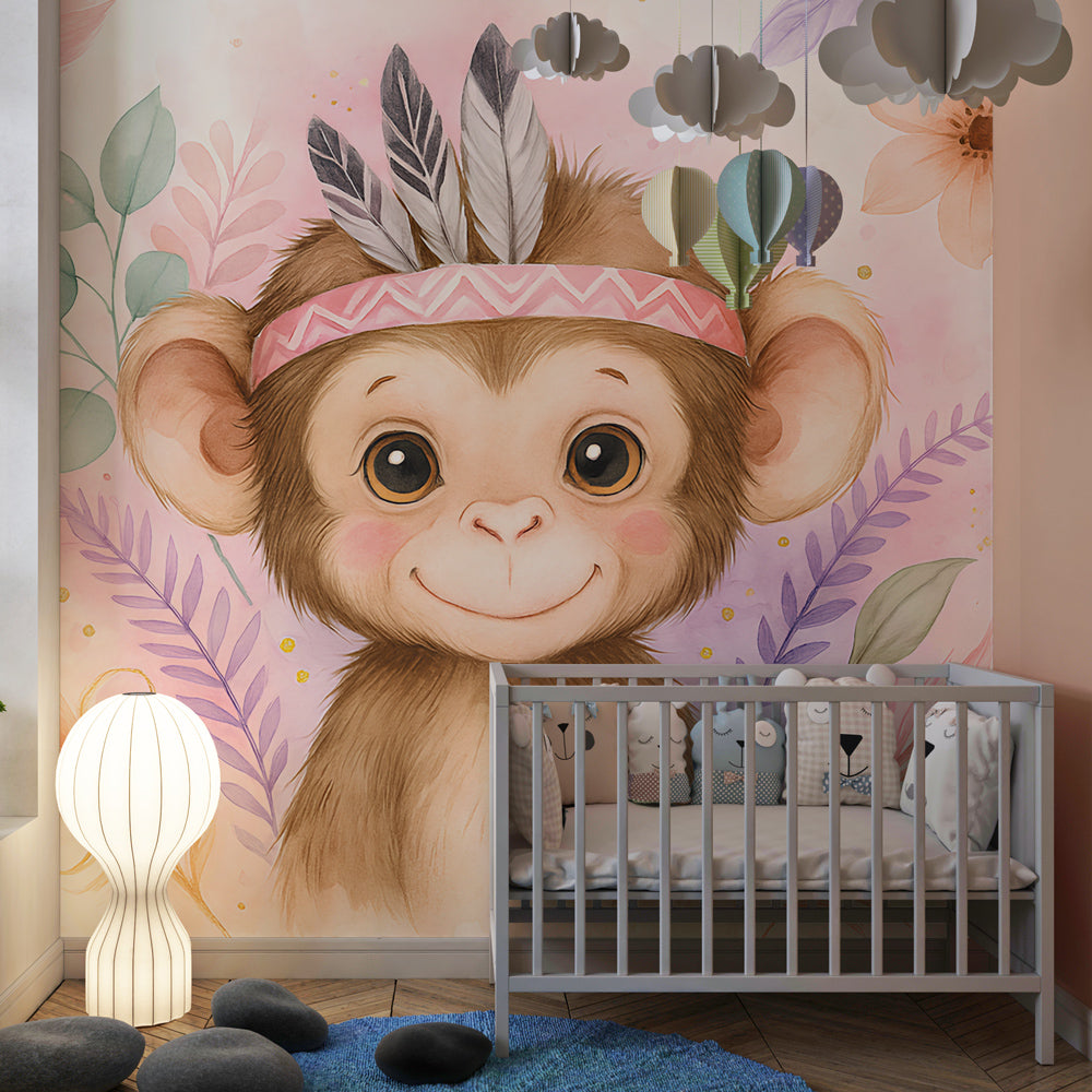Whimsical monkey wallpaper with pastel flowers creating playful children's bedroom decor