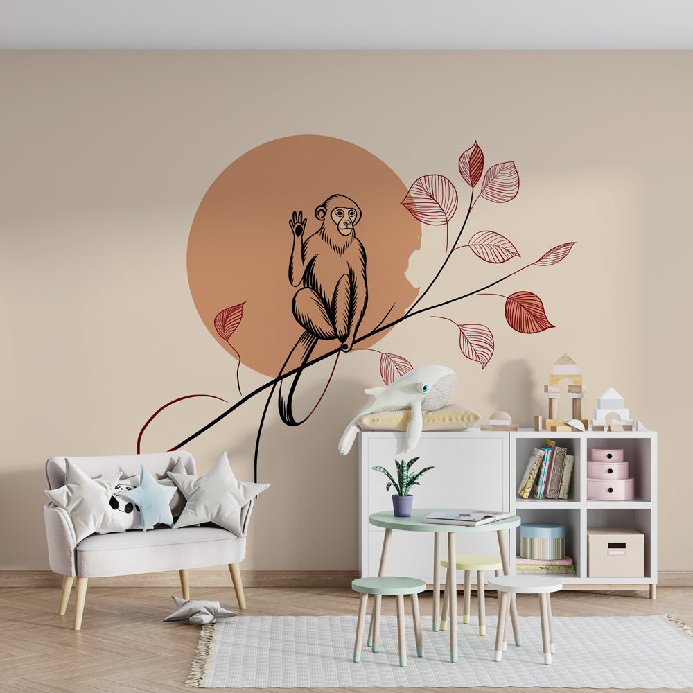 Monkey branch wallpaper creating cozy children's bedroom atmosphere with natural decor