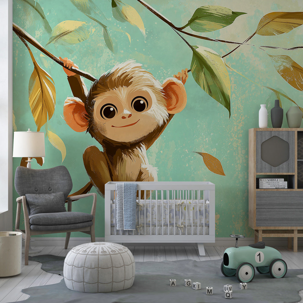 Tropical monkey wallpaper with blue background in modern children's bedroom setting