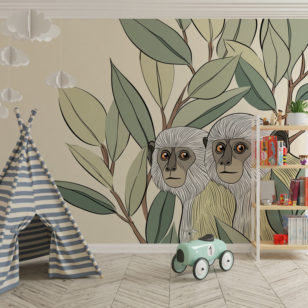 Animal themed monkey wallpaper creating adventurous atmosphere in children's bedroom decor