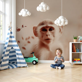 Gentle monkey safari mural wallpaper in modern nursery with natural wood crib by Kids-Mundo