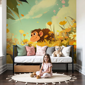 Playful monkey mural wallpaper in bright nursery room with natural wood furniture by Kids-Mundo