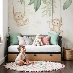 Monkey tropical mural wallpaper in modern baby nursery with white crib by Kids-Mundo