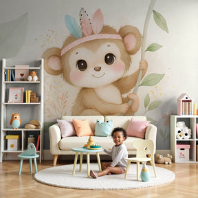 Cute monkey mural wallpaper decorating modern nursery with soft safari theme by Kids-Mundo
