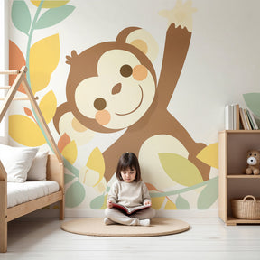 Playful monkey mural wallpaper transforming modern nursery with soft safari theme by Kids-Mundo