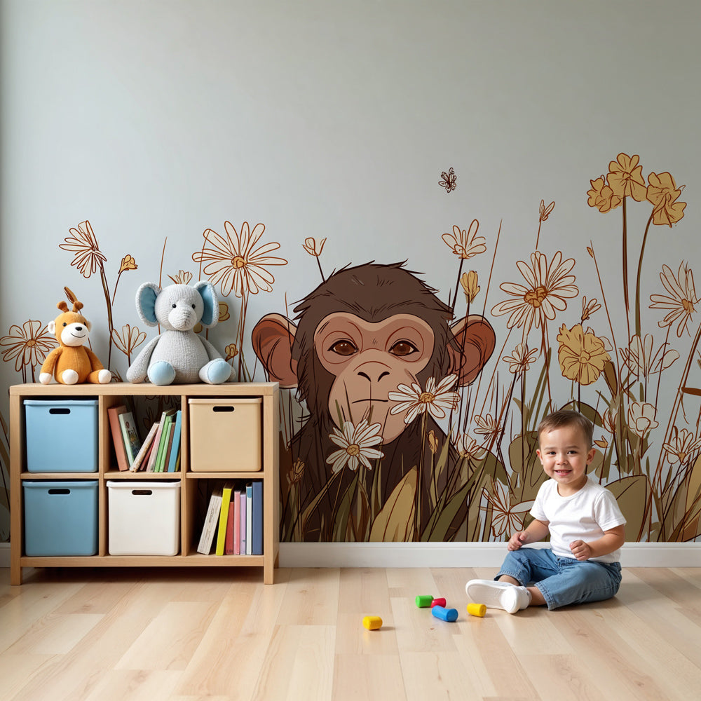 Playful monkey mural wallpaper with delicate flowers decorating a bright nursery by Kids-Mundo