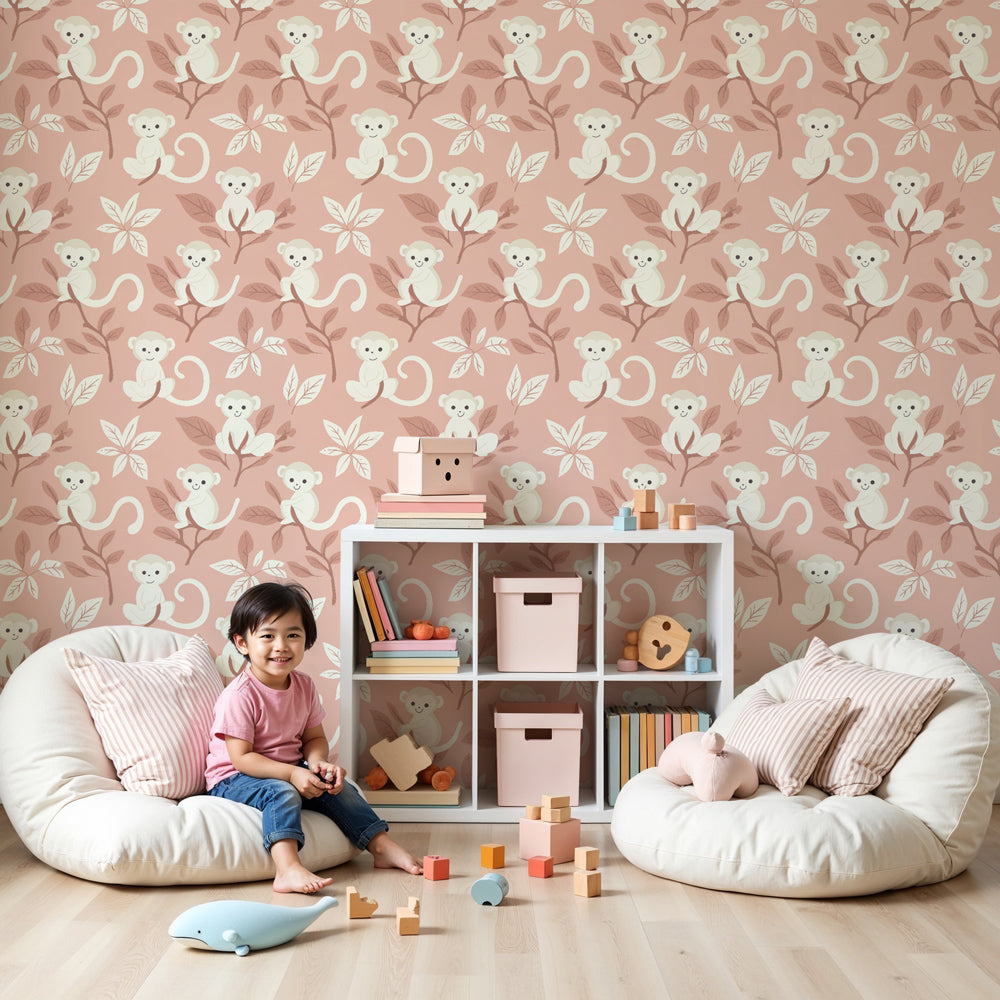 Cute monkey mural wallpaper creating playful pink safari nursery decor by Kids-Mundo