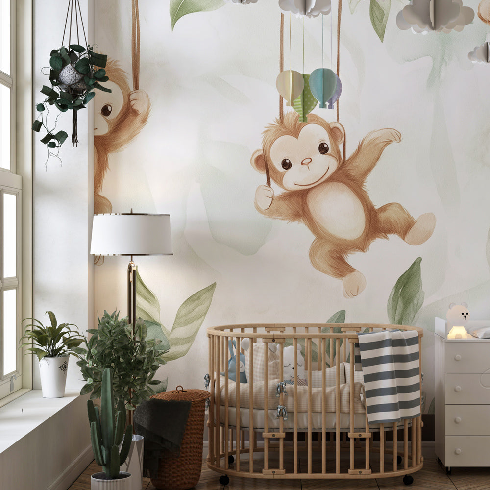 Jungle animal mural wallpaper with playful monkeys creating inspiring playroom environment
