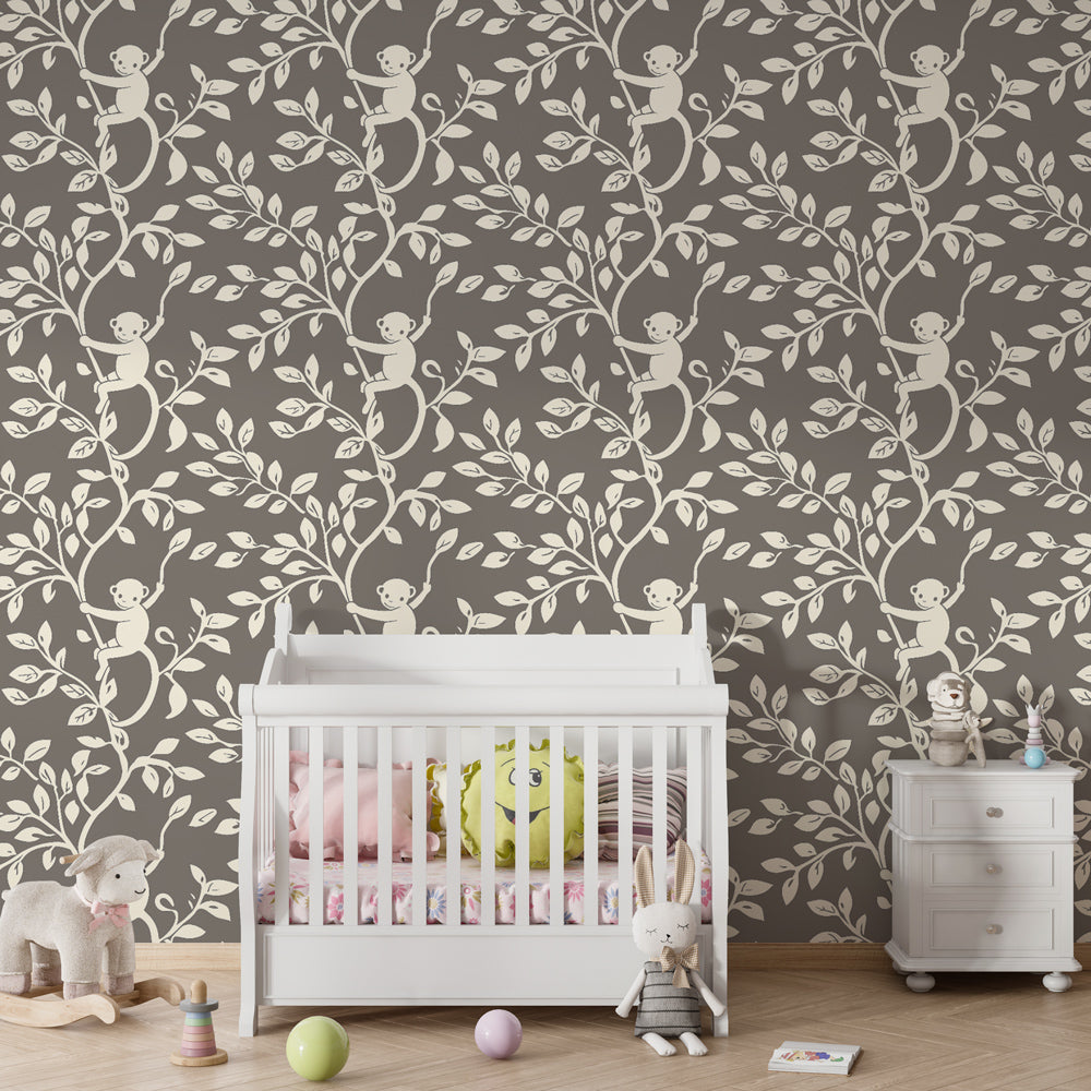 Animal theme mural wallpaper featuring monkeys creating magical playroom atmosphere for children