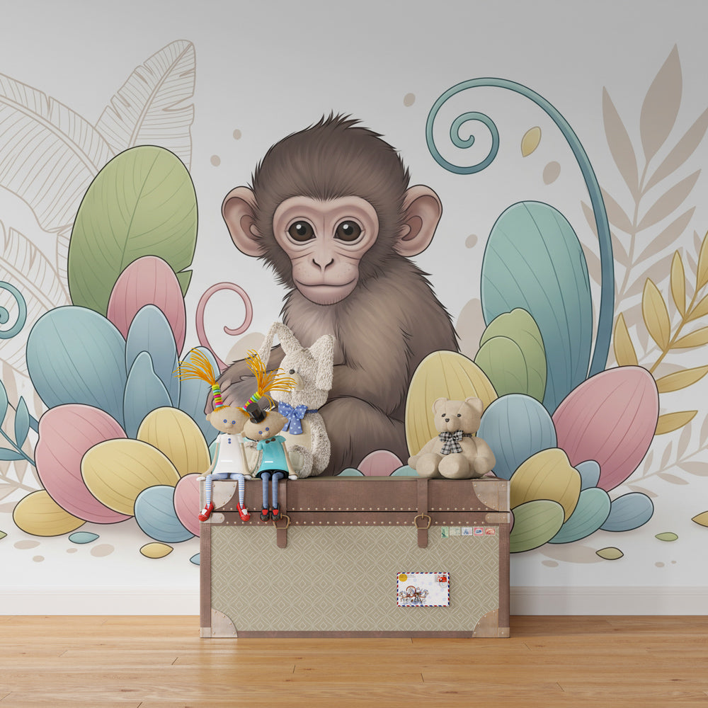 Floral monkey mural wallpaper transforming kids playroom into garden sanctuary