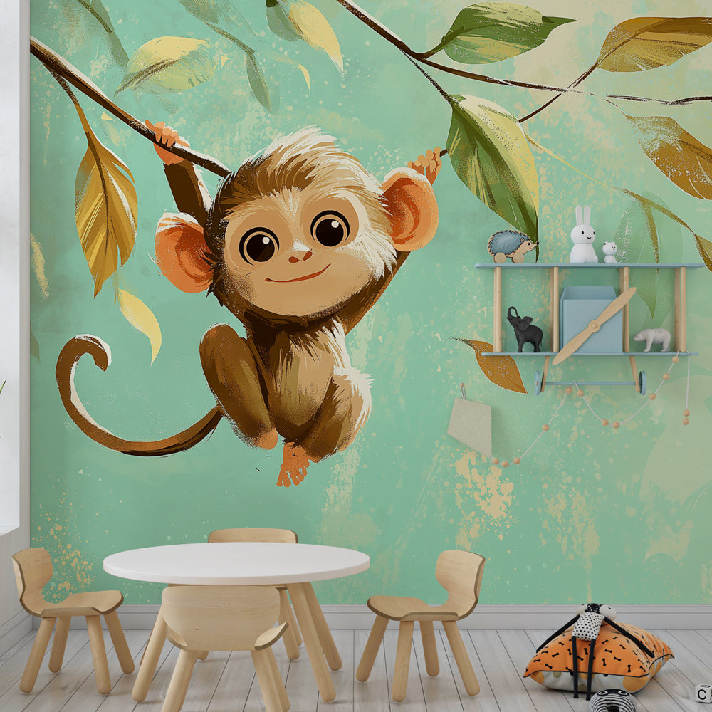 Jungle monkey mural wallpaper transforming kids playroom into adventure space