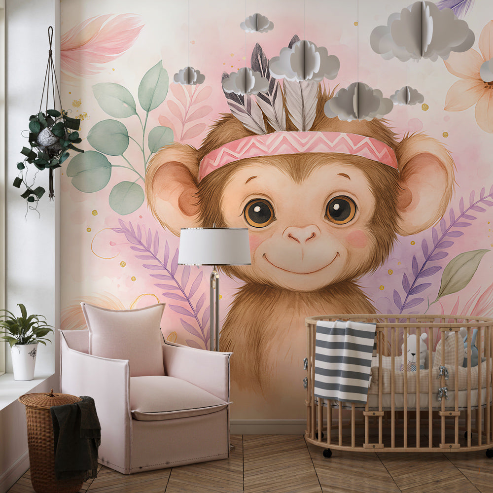 Animal themed monkey mural wallpaper transforming colorful kids playroom space