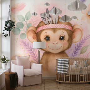 Animal themed monkey mural wallpaper transforming colorful kids playroom space