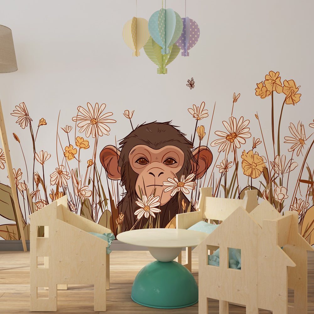 Nature-themed monkey wallpaper transforming kids playroom into adventure space by Kids-Mundo