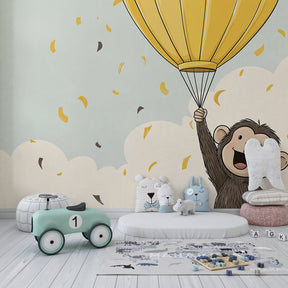 Colorful monkey balloon wallpaper transforming kids playroom into adventure space